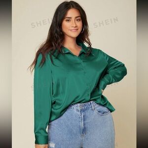 NEW SHEIN Plus Solid Button Up Satin Shirt